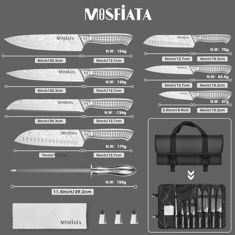 MOSFiATA طقم سكاكين المطبخ، 12 قطعة من سكاكين الفولاذ المقاوم للصدأ اليابانية للمطبخ مع حقيبة تخزين من قماش أوكسفورد مع قضيب شحذ السكاكين، آمنة للغسل في غسالة الصحون، للاستخدام الخارجي - Image 2